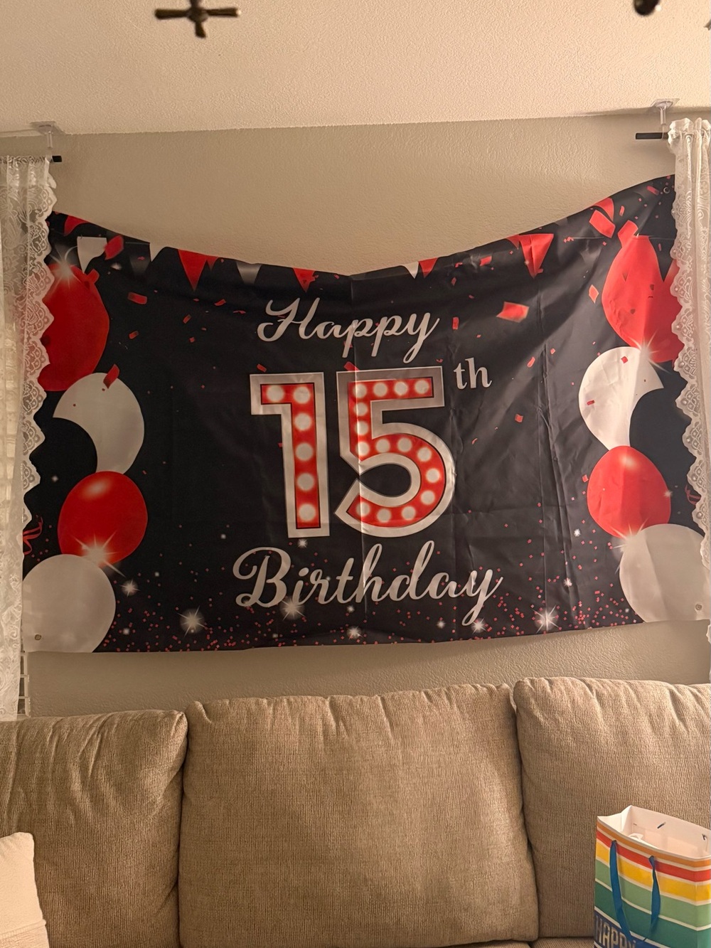 Happy 15th Birthday Party Backdrop Banner - Black and Red